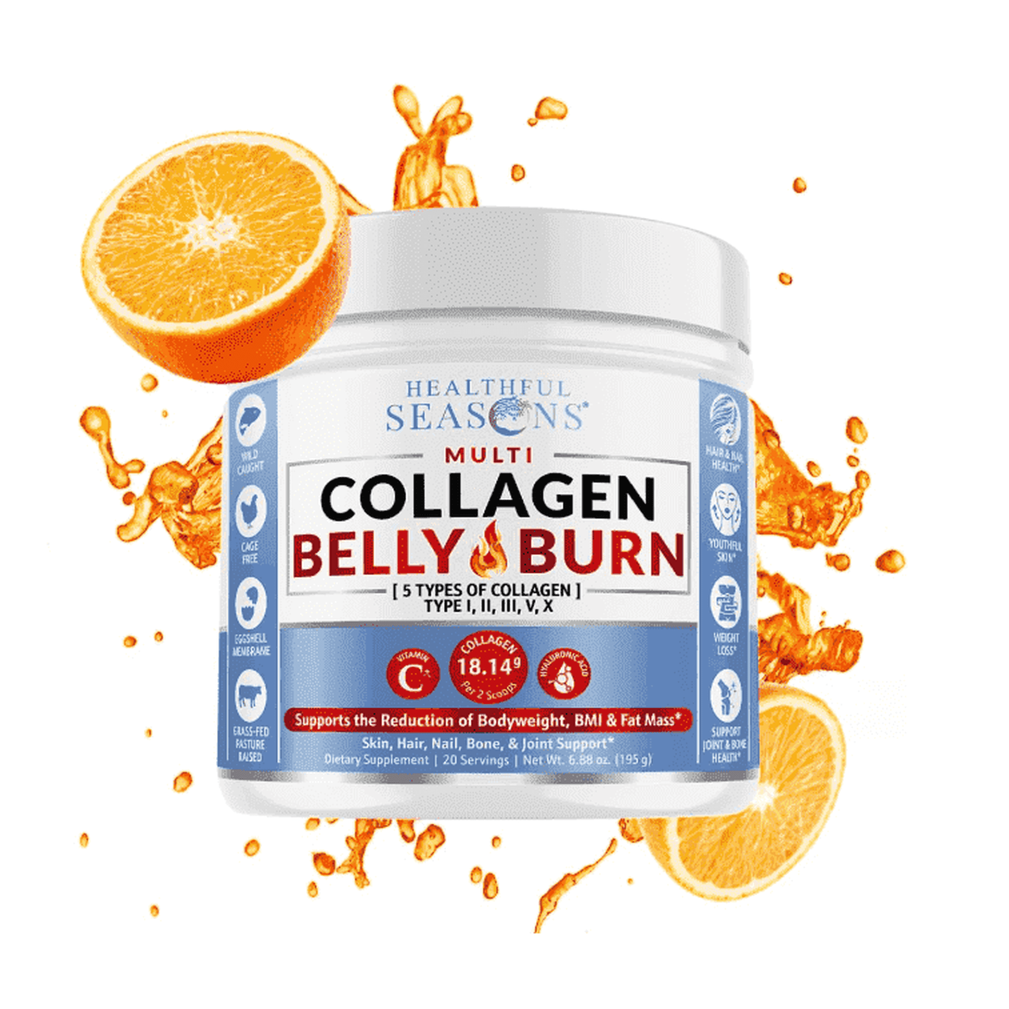 Healthful Seasons Collagen Belly Burn – Multi Collagen Powder + Vitamin C & Hyaluronic Acid – Metabolism, Skin & Joint Support – 20 Servings