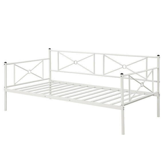 YESSW Twin Daybed, Metal Day Bed with Heavy-Duty Metal Slats & Guardrails, 2-in-1 Daybed Frame for Living Room, Guest Room, No Box Spring Needed, Easy Assembly, White