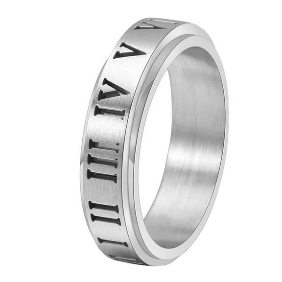 PAMTIER Men's Stainless Steel Personality Cool Hip Hop Cut Out 6mm Thin Stackable Roman Numerals Rotatable Ring Anxiety Band Silver Size 8