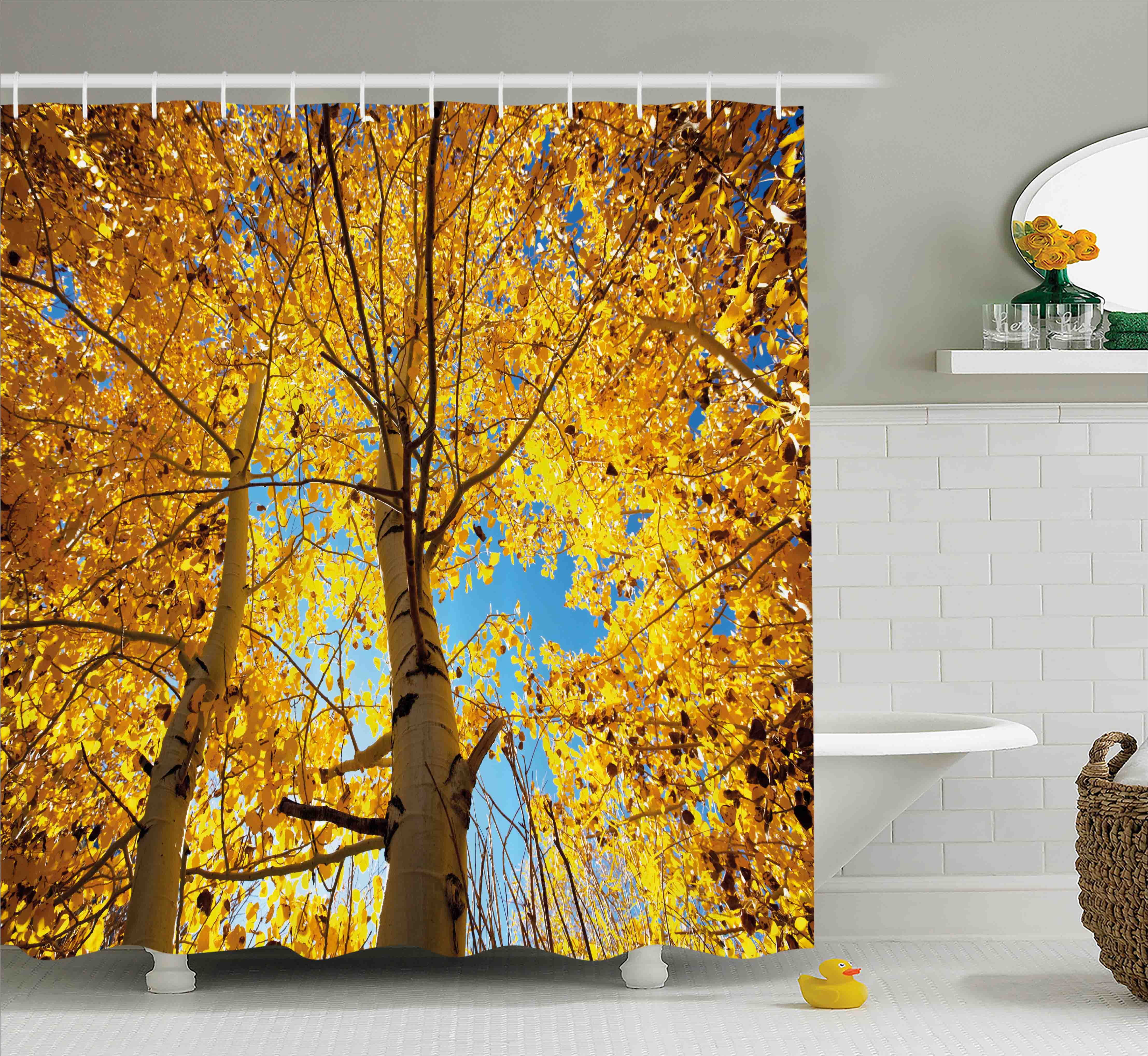 Nature Shower Curtain, Autumn Fall Season Trees Forest Leaves Branches