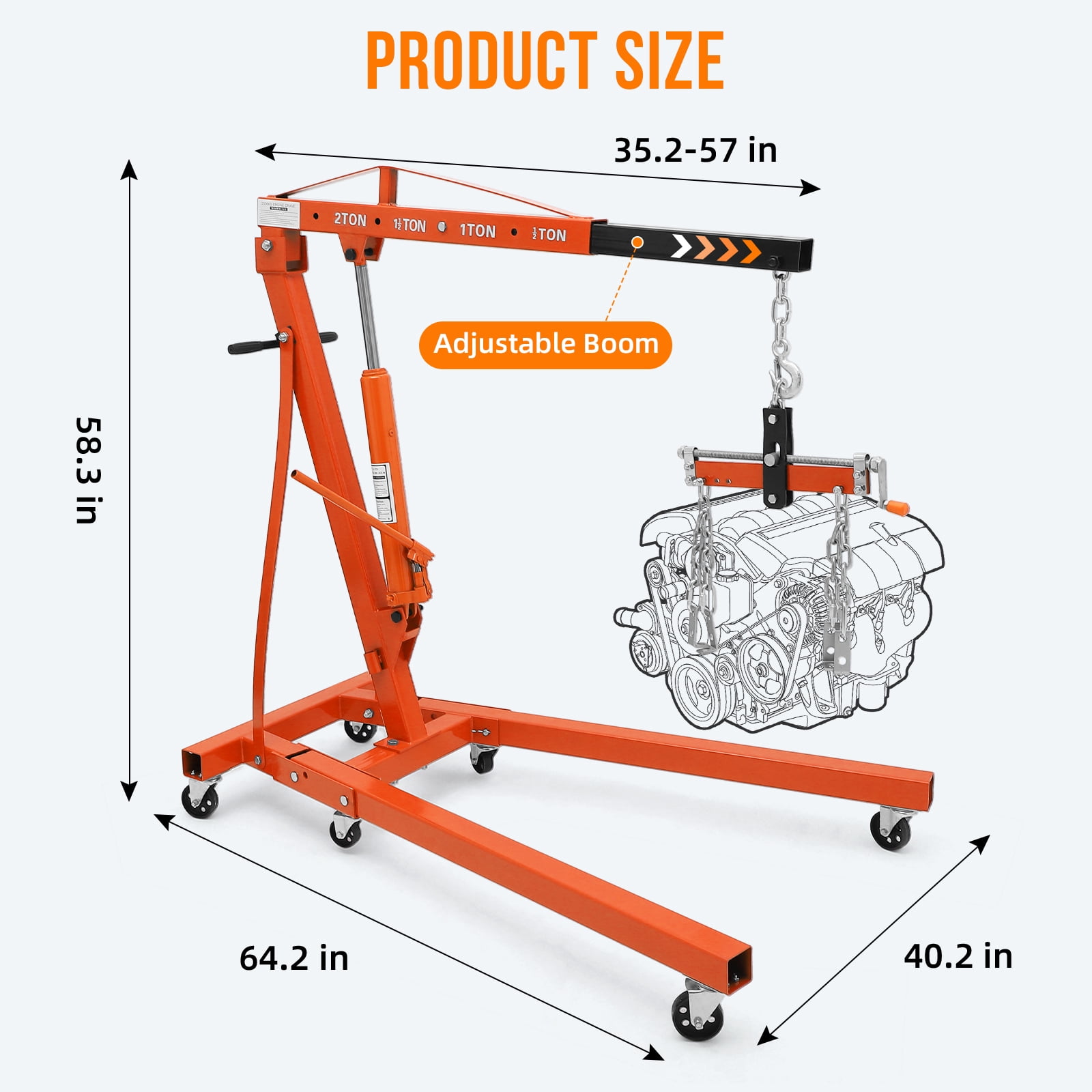 Towallmark Folding Engine Hoist, Cherry Picker with Lever and 6 Casters,Heavy Duty Hydraulic Shop Crane, 2 Ton Max, Orange