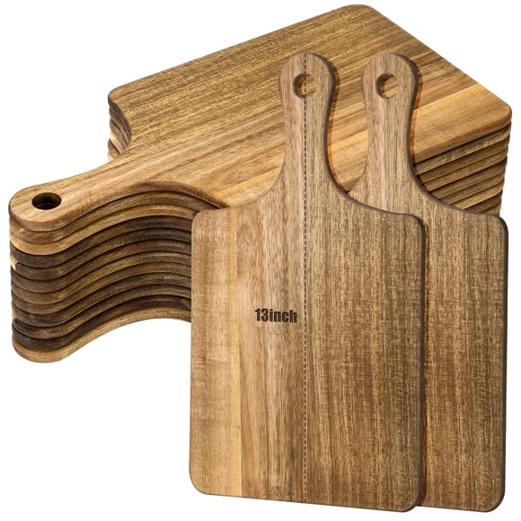 Tabla de cortar Zubebe, madera de acacia, 13 x 7 cm, con mango, 12 unidades