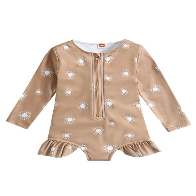 QJUHUNG Kid Baby Girls One Piece Swimsuit Long Sleeve Zipper Swimwear Ruffle Rashguard Bathing Suits Beachwear