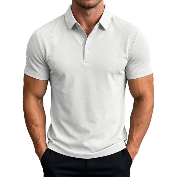 hoksml Men's Polyester Fabric Short Sleeve Collared Shirt, Snap Button Placket Side Seam Detail Slim Fit Solid Casual Golf Daily Top