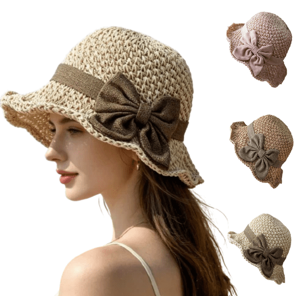 Elegant Woven Straw Sun Hat with Bow Summer Beach Sun Straw Hats for Women Wide Brim Packable Travel Bucket Hats,Beige