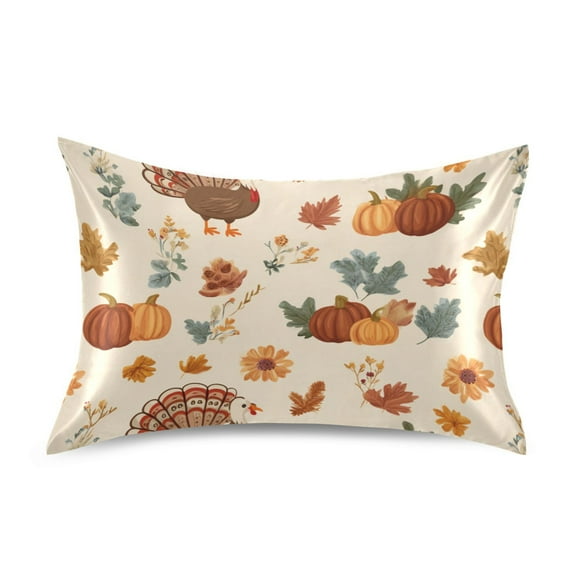 Thanksgiving Leaves Turkey Pumpkin Autumn Satin Pillowcase Envelope Design Pillow Covers 1 Pack Standard Size 20" x 26"