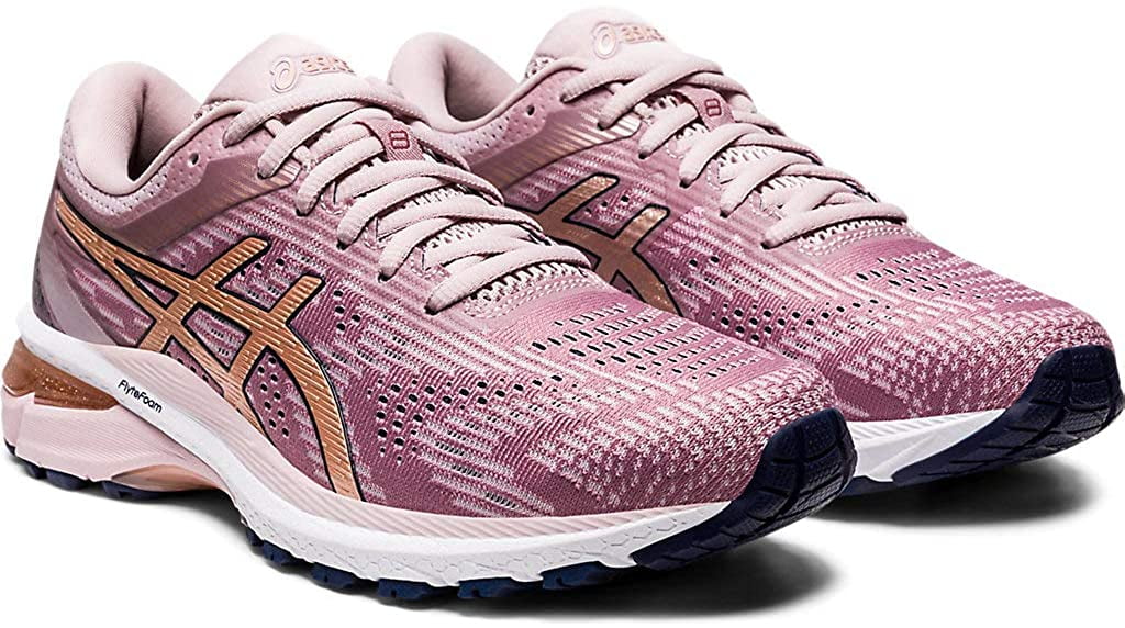 white and rose gold running shoes