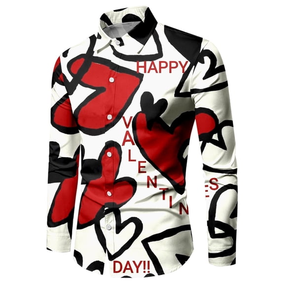 IWRICH Men's Button down Heart Printed Shirts Office Formal Lightweight Shirt Blouse Long Sleeve Workwear Shirts Red XL