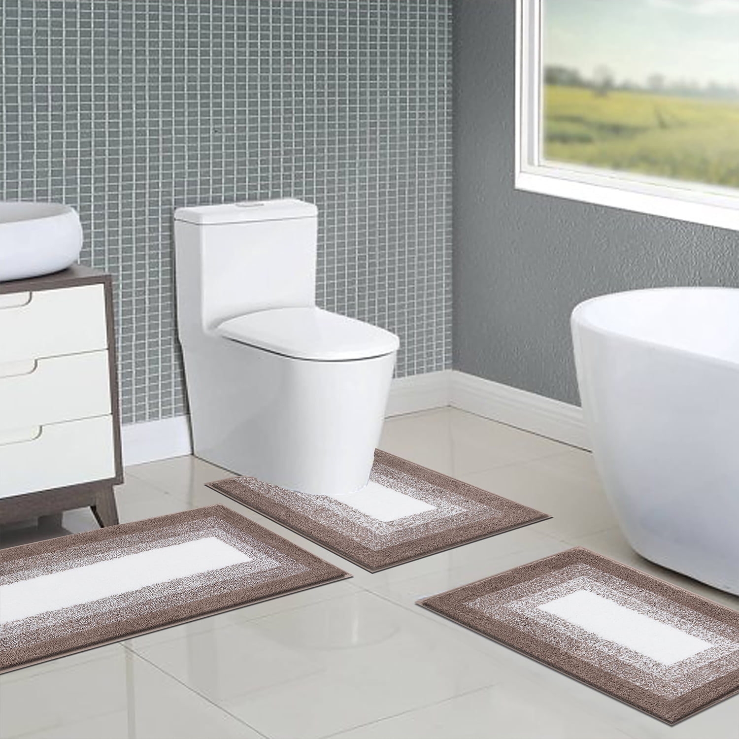 Ileading Bathroom Rugs Sets 4 Piece Plush Shaggy Microfiber Bath Rug with U-Shaped Contour Toilet Mat