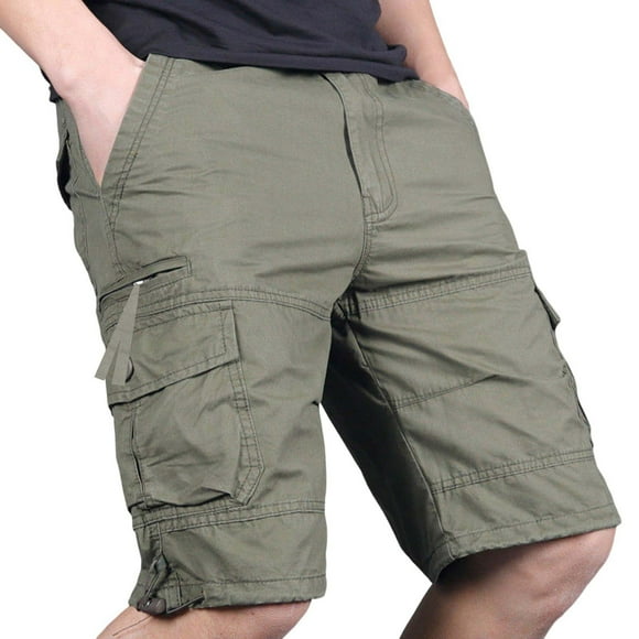 Mens Lightweight Cotton Loose Full Elastic Waist Twill Cargo Short with Drawstring Army Green L