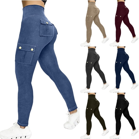 VBVC Women's High Waist Denim Look Yoga Leggings,Tummy Control Butt Lifting Workout Trousers For Women,Ladies Slim Stretchy Cargo Pants with Pockets,Army Green,S-2XL