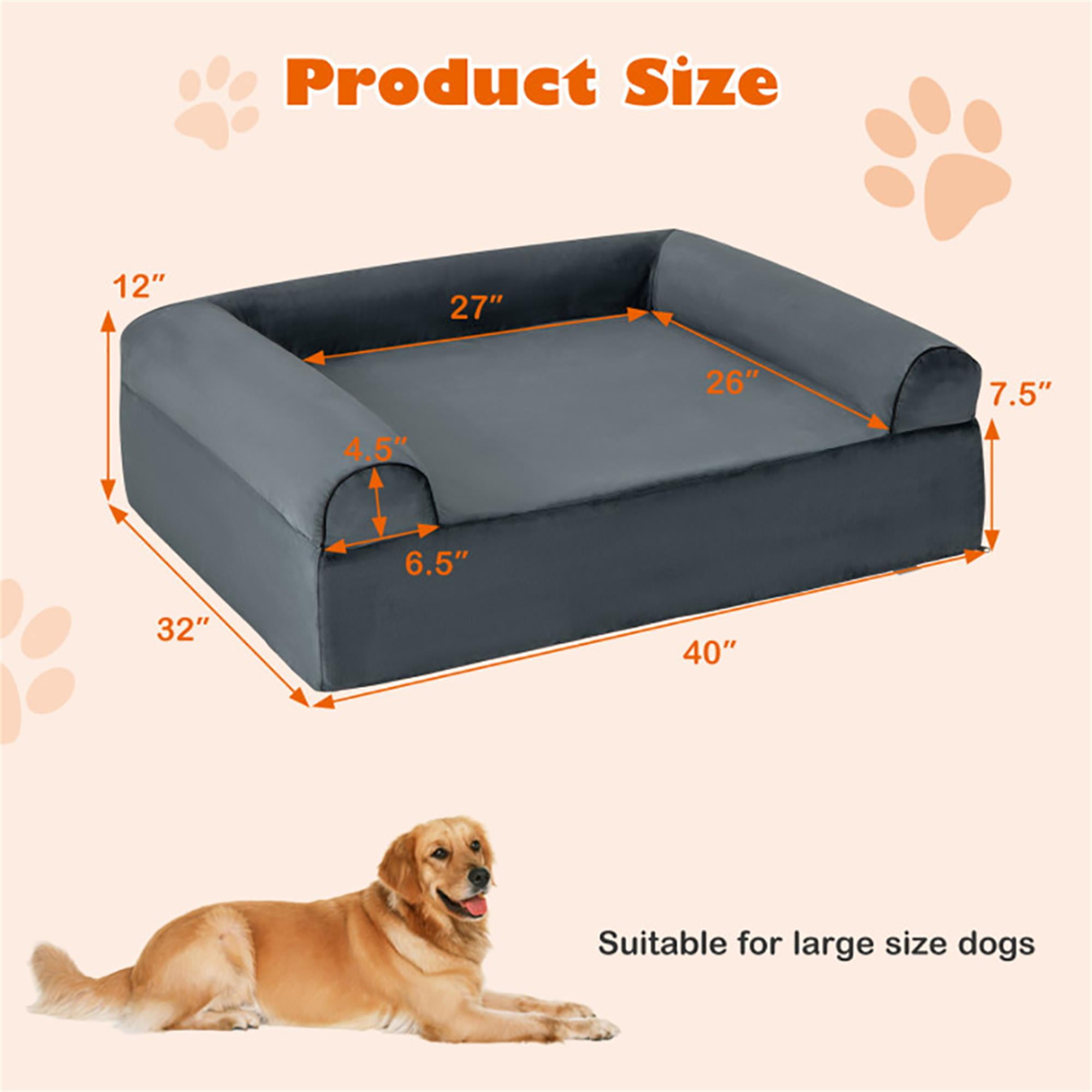 Kadyn 40" Dog Sofa Bed for Small Pets with Headrest, Pet Furniture Cat Couch, Memory Foam Orthopedic Dog Bed, Gray