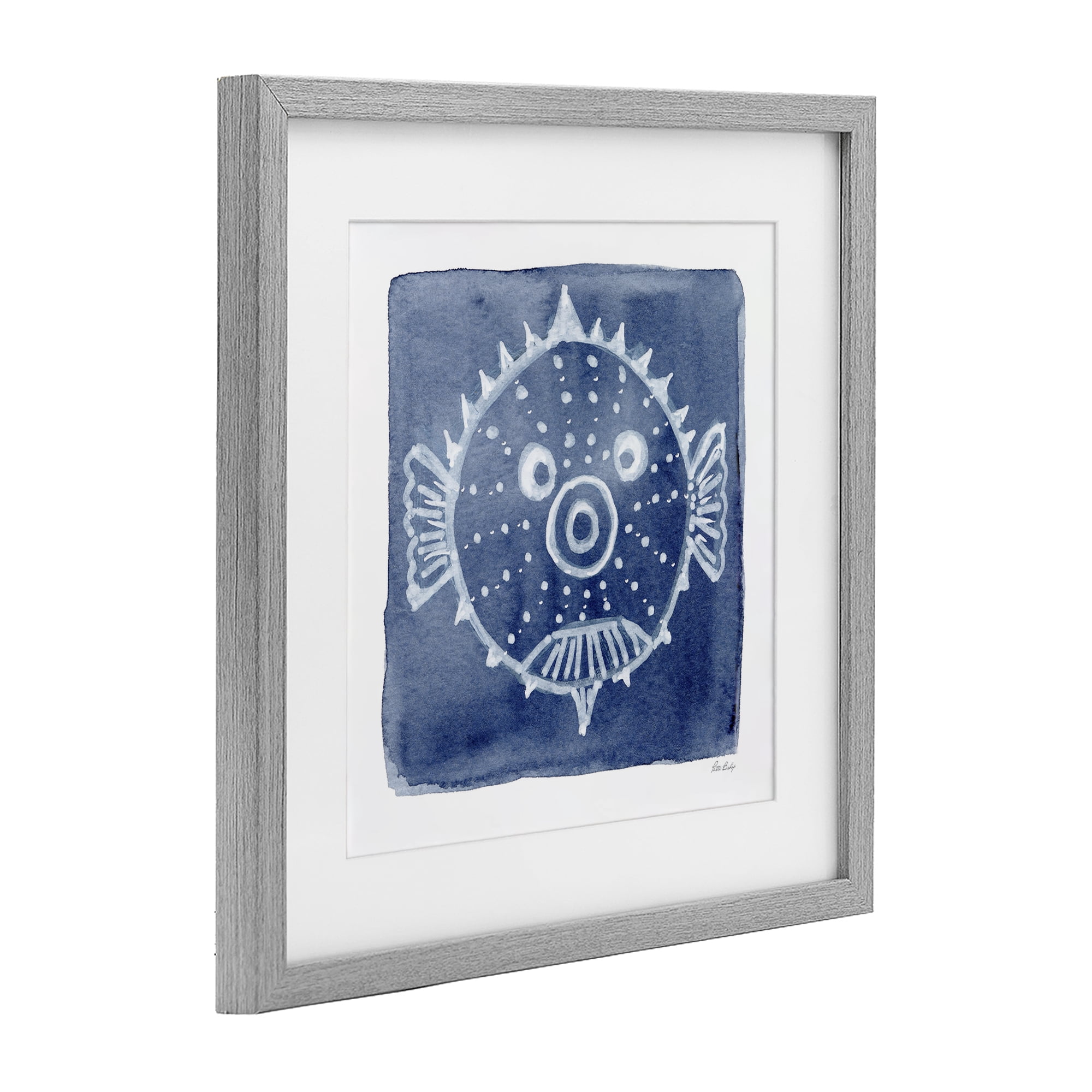 Stupell Industries White Blow Fish on Indigo Gray Framed Print Under Glass, design by Patti Bishop