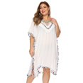 thumbnail image 4 of Owlce plus size boho dress for women casual summer floral print tassels 3/4 sleeve V-neck babydoll short beach dress (XX-large, white), 4 of 9