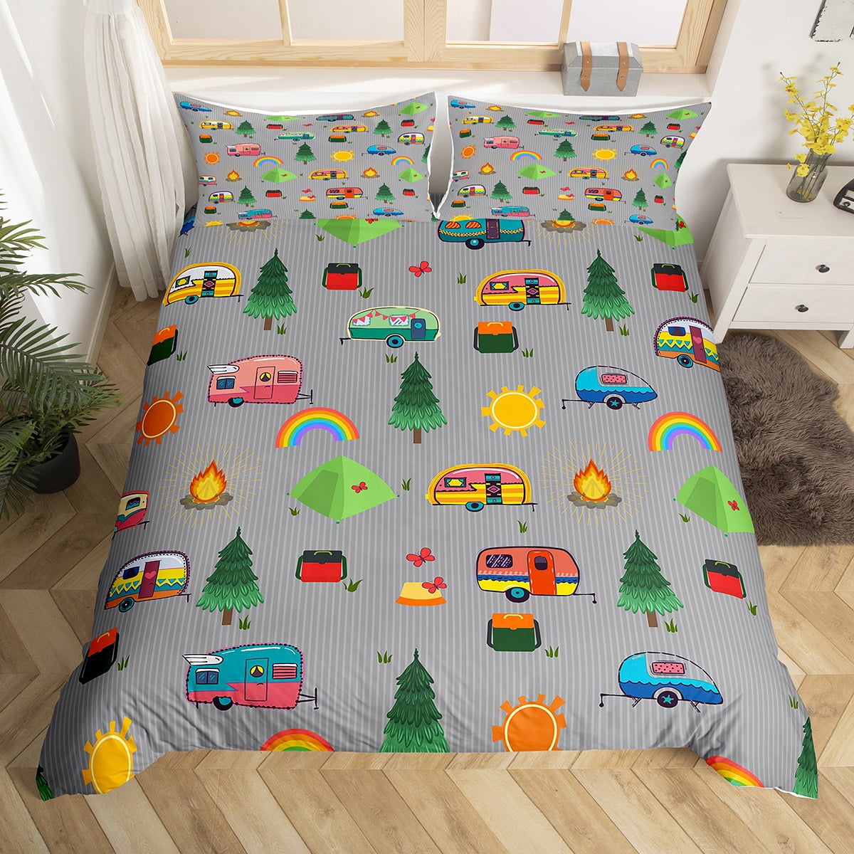 Rainbow Camping Comforter Cover Camper Decor Duvet Cover,Camping