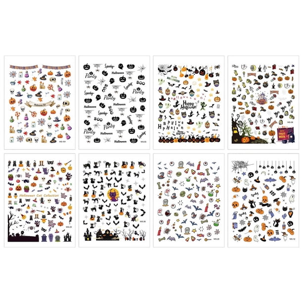 Adhesivos para uñas de Halloween, 8 hojas, plantillas DIY para uñas para fiestas de Halloween, incluyen calabazas, murciélagos, brujas, etc.
