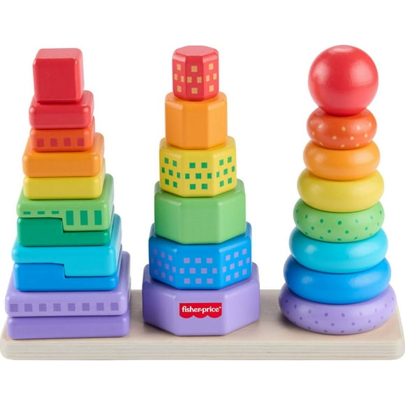Fisher-Price Wooden Stacking Shape Sorter Toddler Fine Motor Toy, 26 Wood pieces, Ages 18 -24 Months