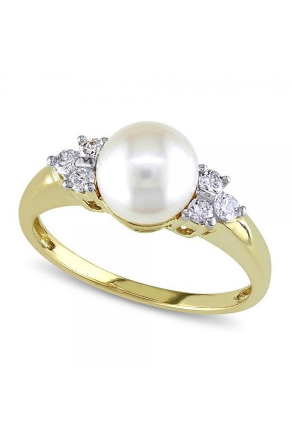 Akoya Pearl Ring w/ Diamond Accents 14k Yellow Gold 7-7.5mm