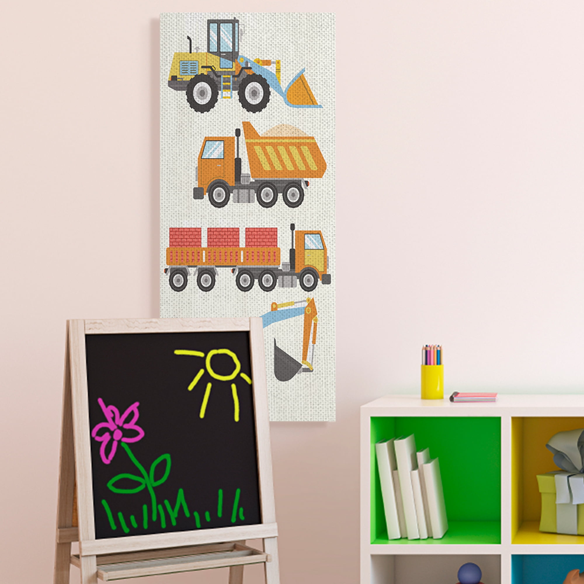 Stupell Industries Construction Vehicles Playful Bulldozer Dump Truck ,20 x 48,Designed by Kim Allen