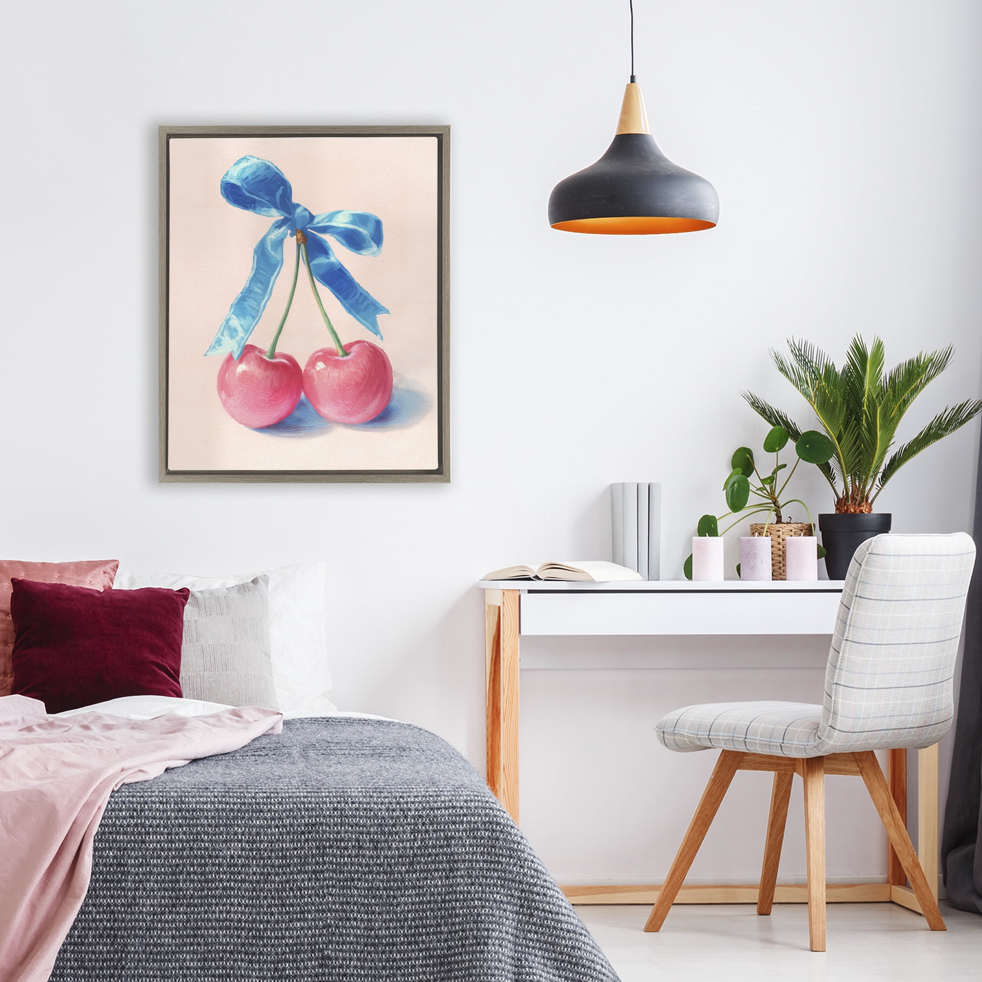 Stupell Industries Twin Cherries with Blue Ribbon Brown Framed Floater Canvas Wall Art, design by Imagine It Images
