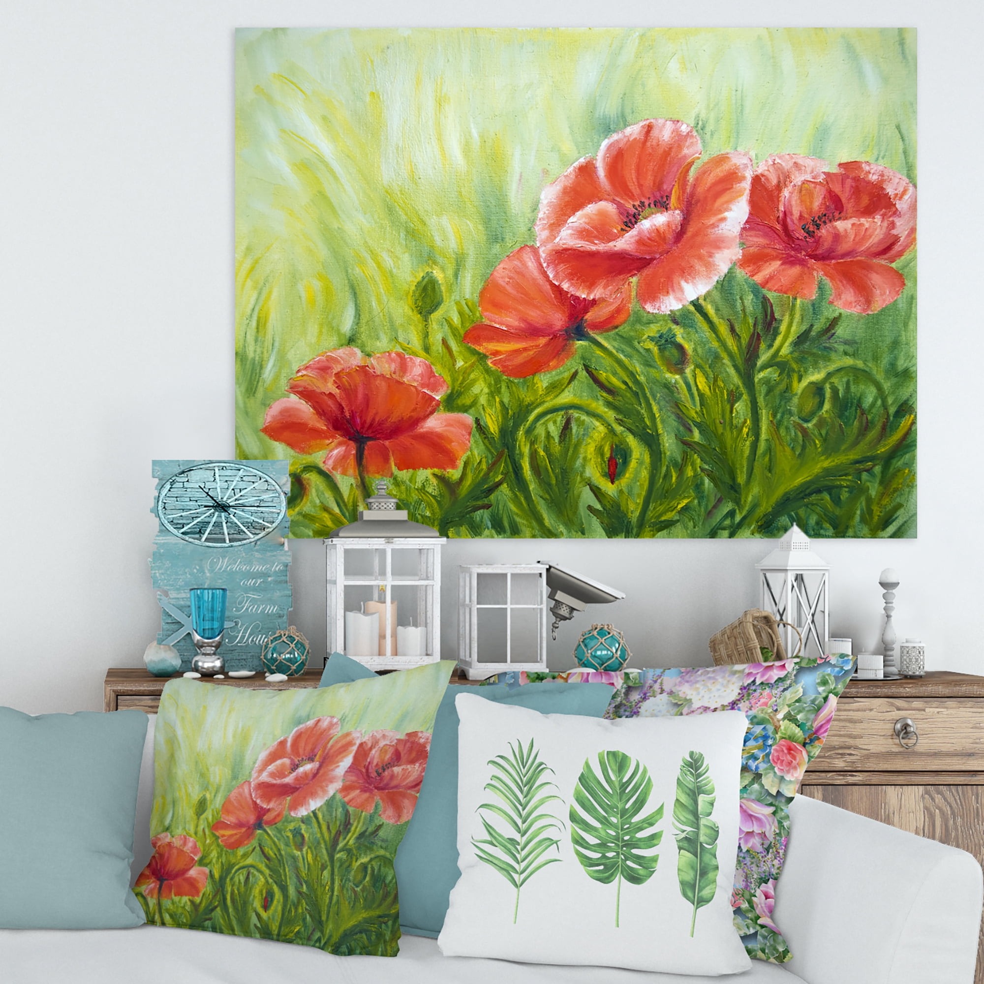 Designart ' Red Blossoming Poppies Over Wild Green III ' Traditional Canvas Wall Art Print