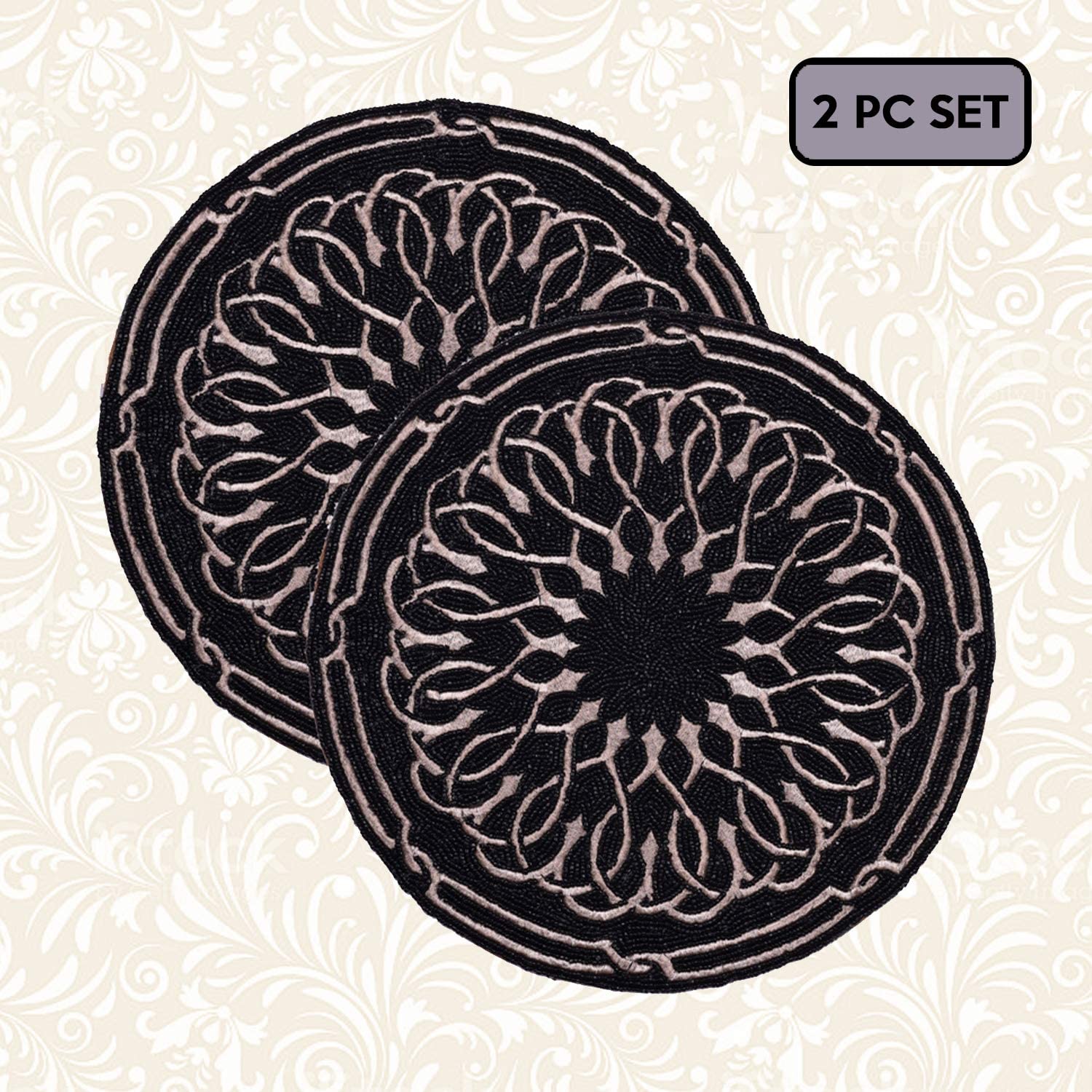 Decozen Embroidered Beaded Placemat 14" Round Set of 2 Pcs Black/Gold