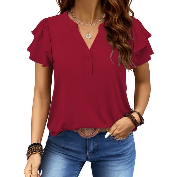 UVN Summer Blouse for Women Ruffle Short Sleeve Shirts V Neck Button Down Elegant Ladies Tops