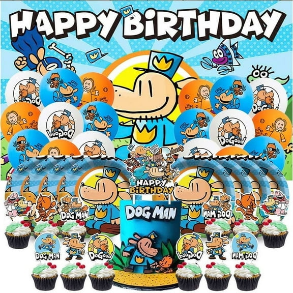 Dog Man Party Supplies for Boy Decorations Paper Plates Tableware Balloons Birthday Decor Cake Topper Fans Banner Backdrop