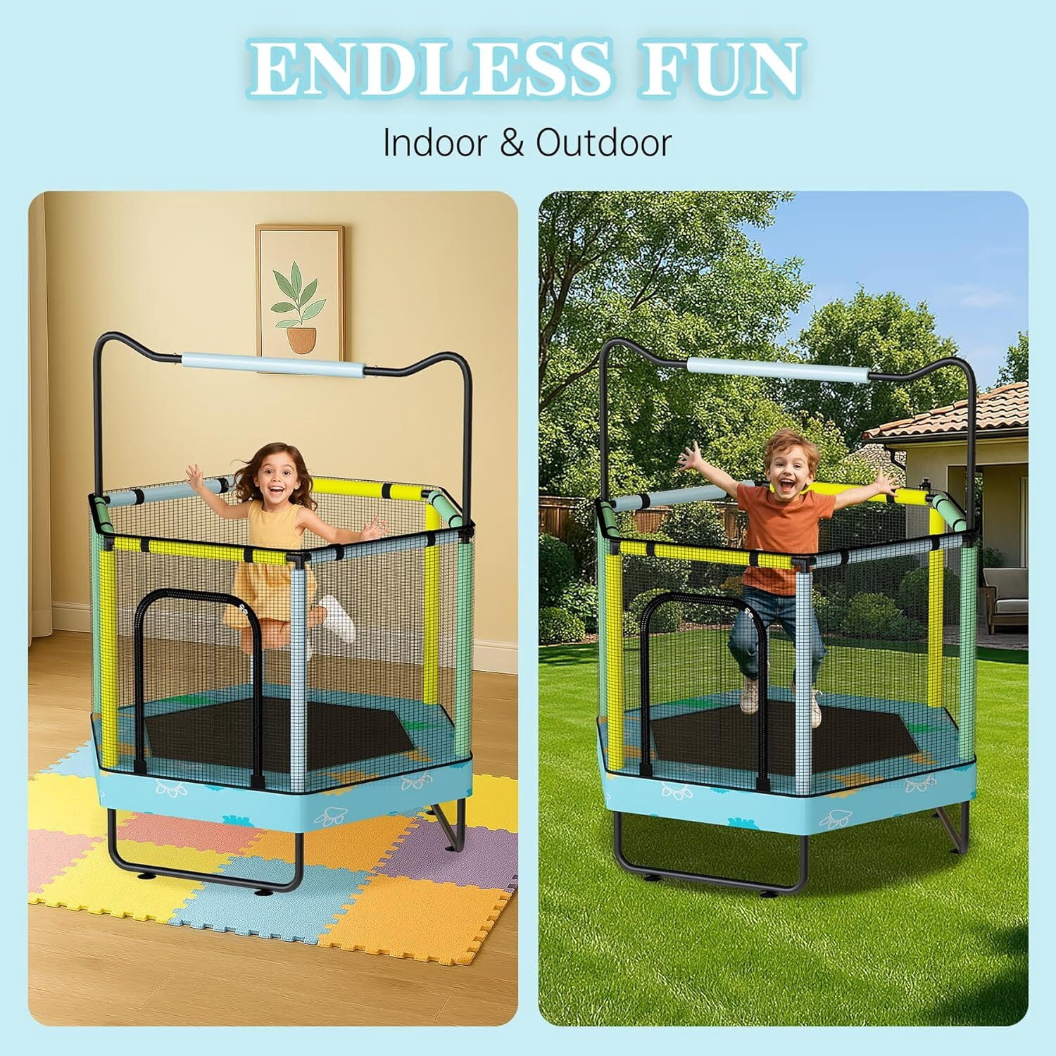 MOOSENG 7-in-1 Kids Trampoline with Safety Enclosure Net, 60" Hexagonal Toddler Trampoline with 500lbs Capacity, Indoor Outdoor Fun for Ages 1-8, Adjustable Handrail