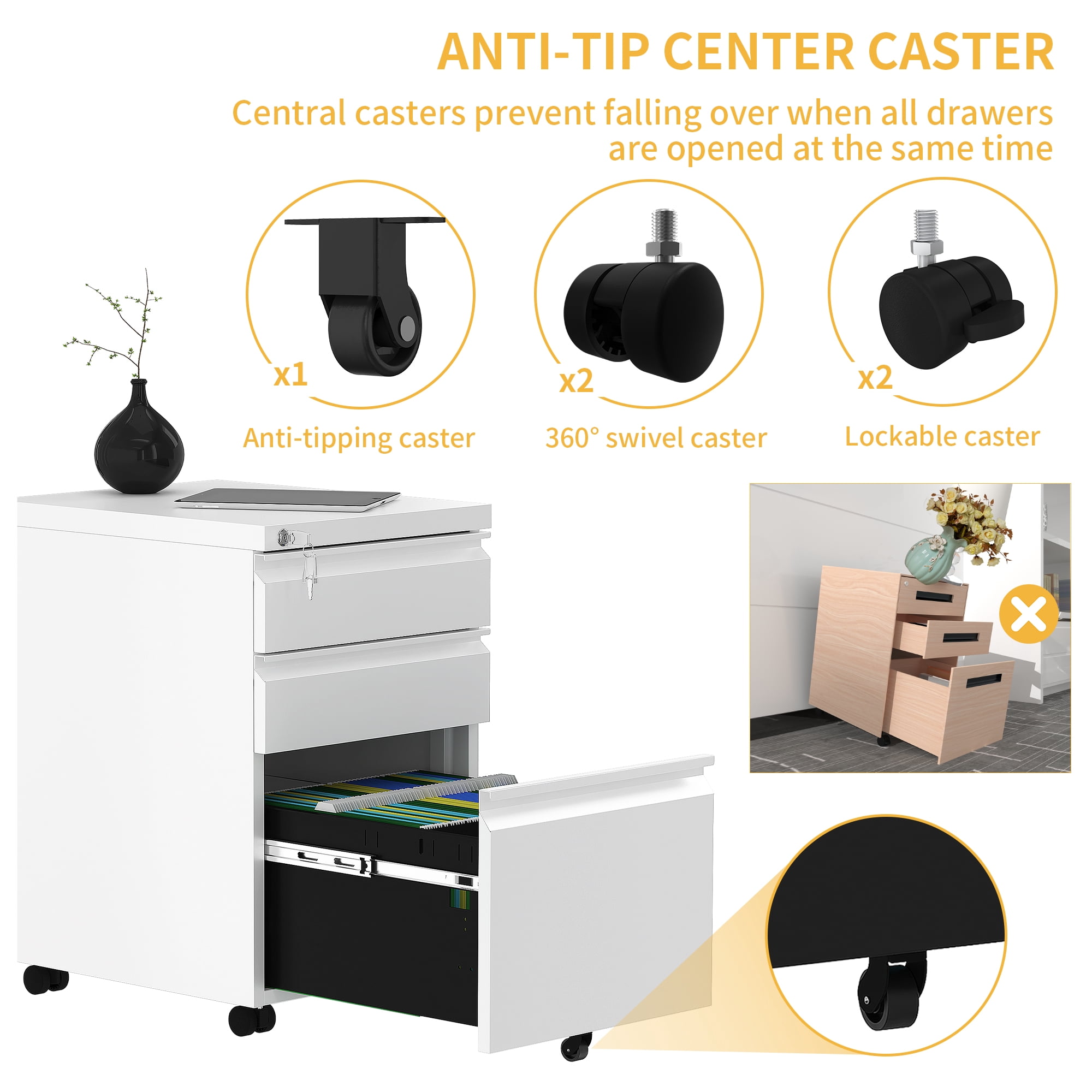 Uforic Fully Assembled 3-Drawer Lockable File Cabinet for Letter/Legal/A4 Size, Mobile Filing Cabinet with Wheels, White