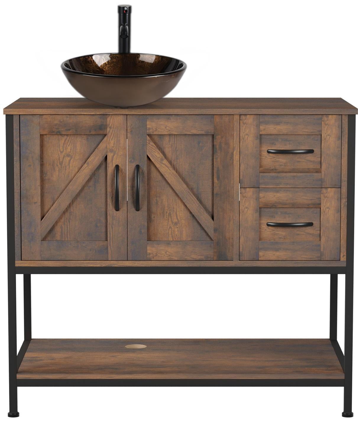 FULLWATT 36"Bathroom Vanity With Single Sink Combo, Modern Bathroom Sink Cabinet With 2 Drawers and a Tip-Out Drawer, Freestanding Bathroom Vanities with Ceramic Sink,Solid Wood Frame