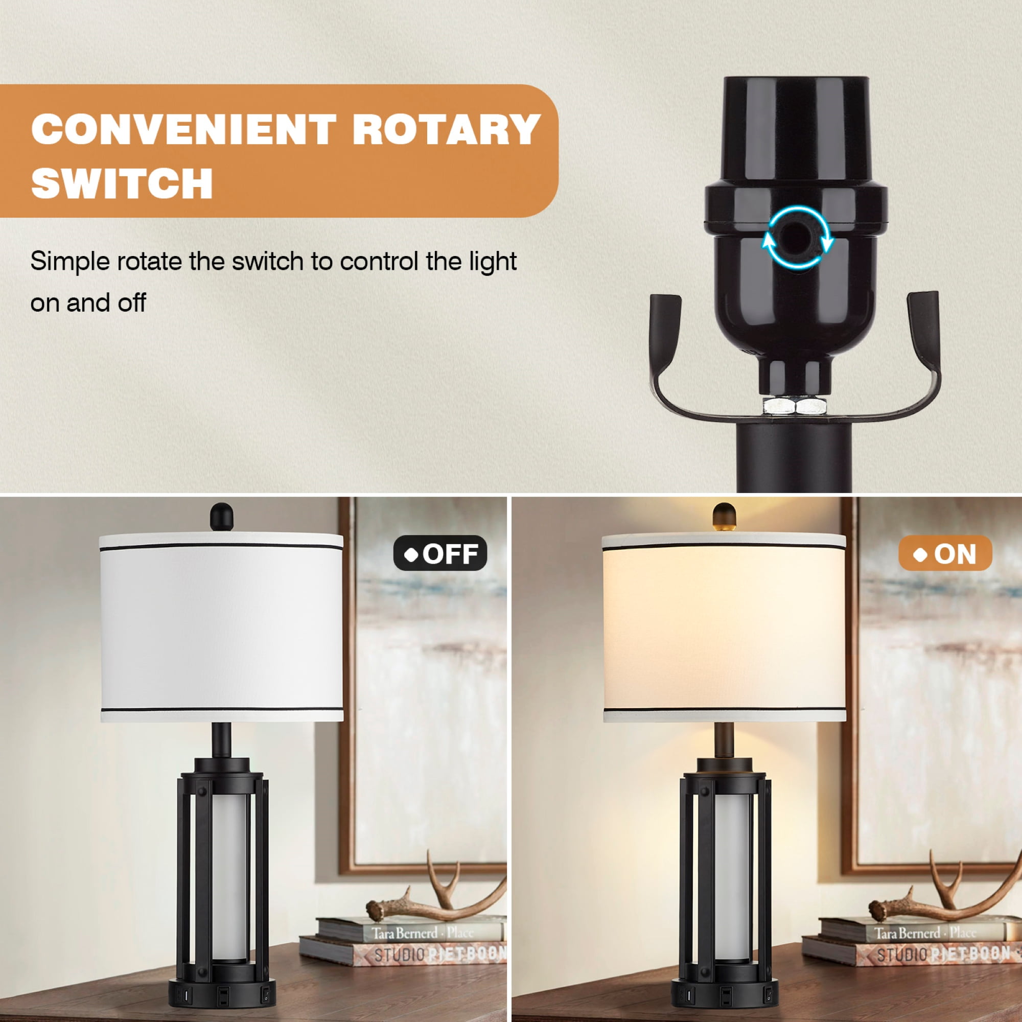 Cinkeda 25.5" Table Lamp Set of 2, Black Metal with Frosted Glass Column, USB-A and Type-C Ports with AC Outlet, Nightlight Function, Rotary Switch, E26 LED Bulb Included for Bedroom Living Room