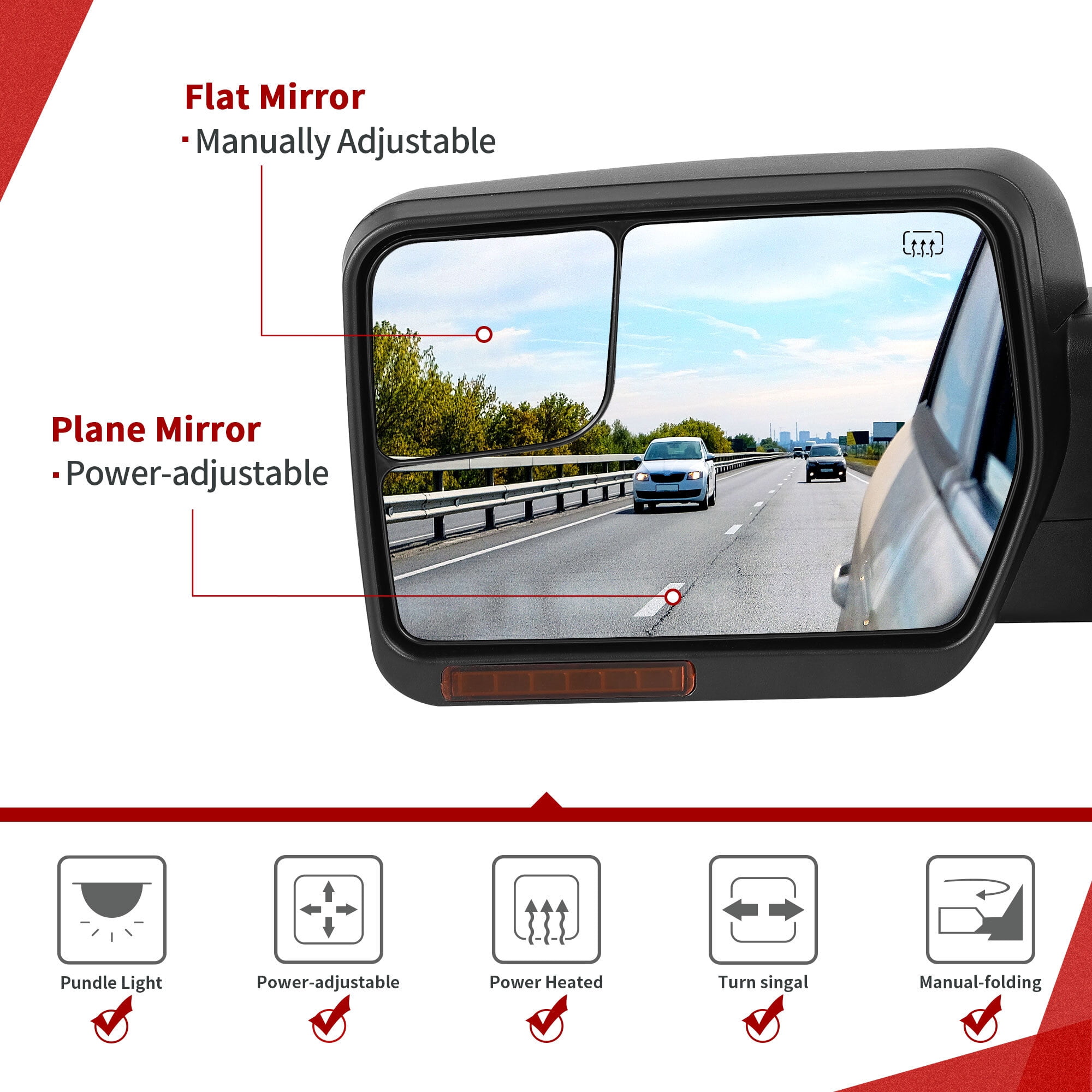 LEDKINGDOMUS Driver Side Left Power Heated Manual Folding Door Mirror with Turn Signal & Puddle Light Compatible with Ford F150 2004 2005 2006 2007 2008 2009 2010 2011 2012 2013 2014 Black