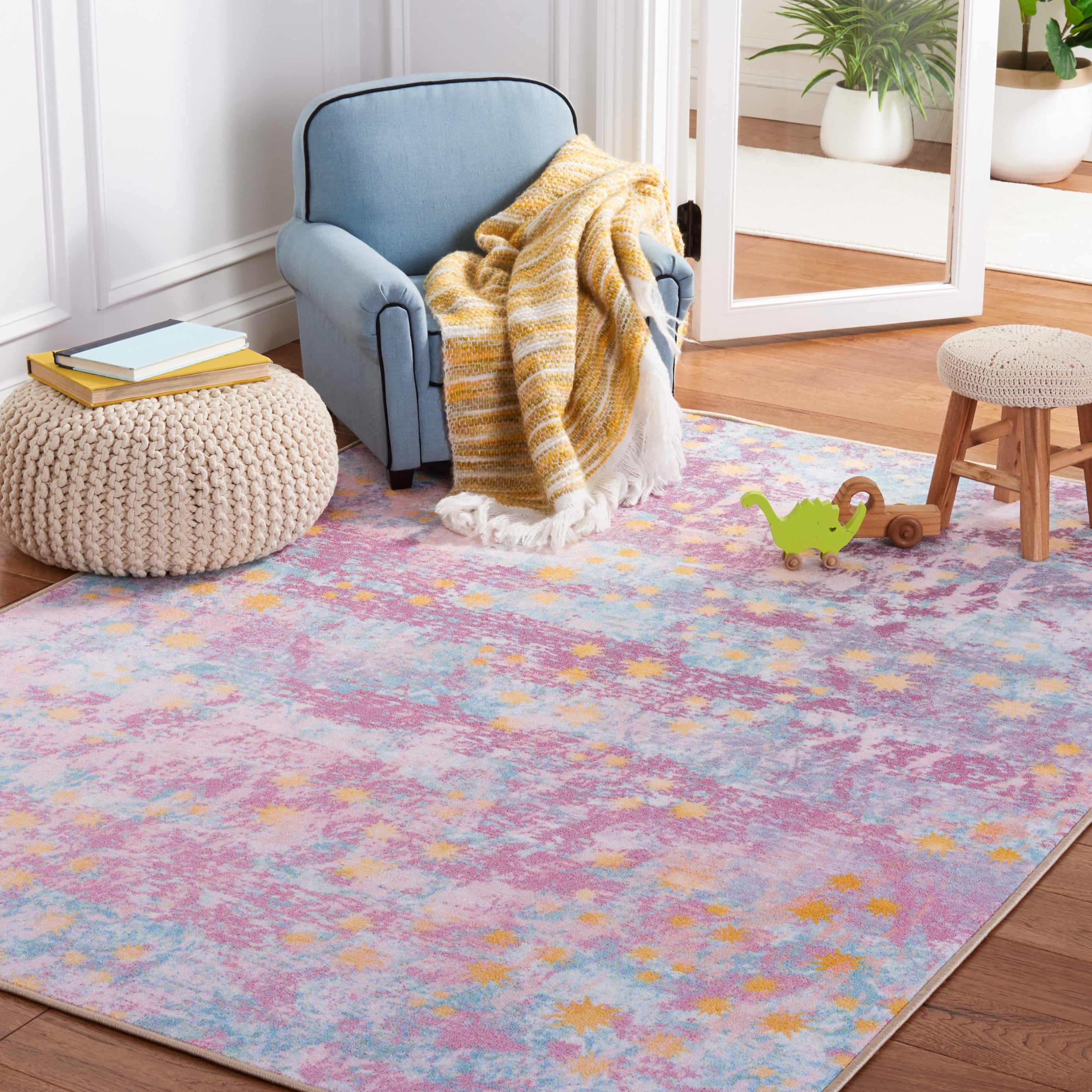 SAFAVIEH Kids Playhouse Stars in the Night Sky Machine Washable Area Rug, Purple/Light Blue, 3'3" x 5'3"