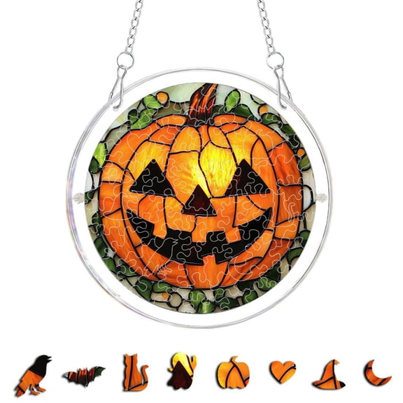 Halloween Acrylic Puzzle Window Hanging Ornament, 7.8 Inch Stained Glass Orange Pumpkin Suncatcher Decorations for Indoor Outdoor Home Party Garden Decor