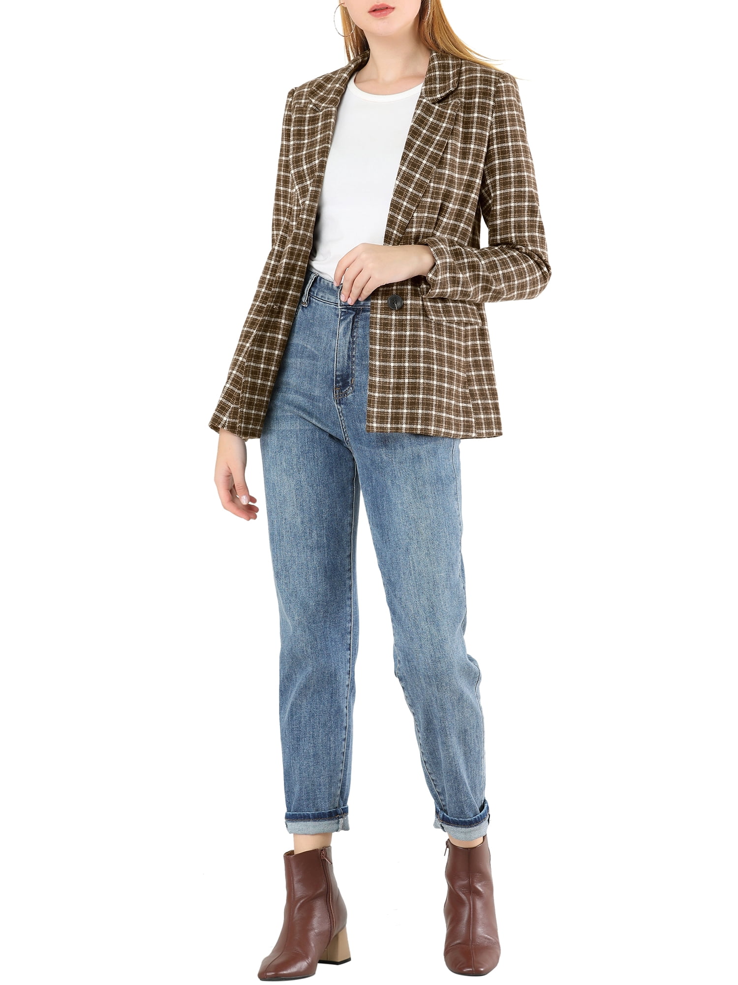 DARING DIVA Women's Boyfriend Notched Lapel One Button Blazer Suit Plaid Blazer Jacket L Coffee