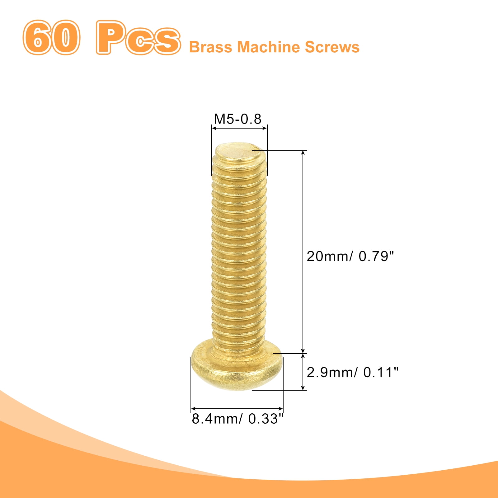 60Pcs Brass Machine Screws, M5x20mm Phillips Pan Head Fastener Machinery Bolts