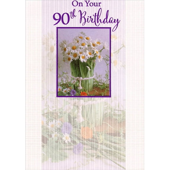 Designer Greetings Daisies in Purple Foil Frame Age 90 / 90th Birthday Card