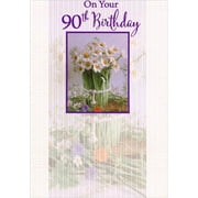 Designer Greetings Daisies in Purple Foil Frame Age 90 / 90th Birthday Card