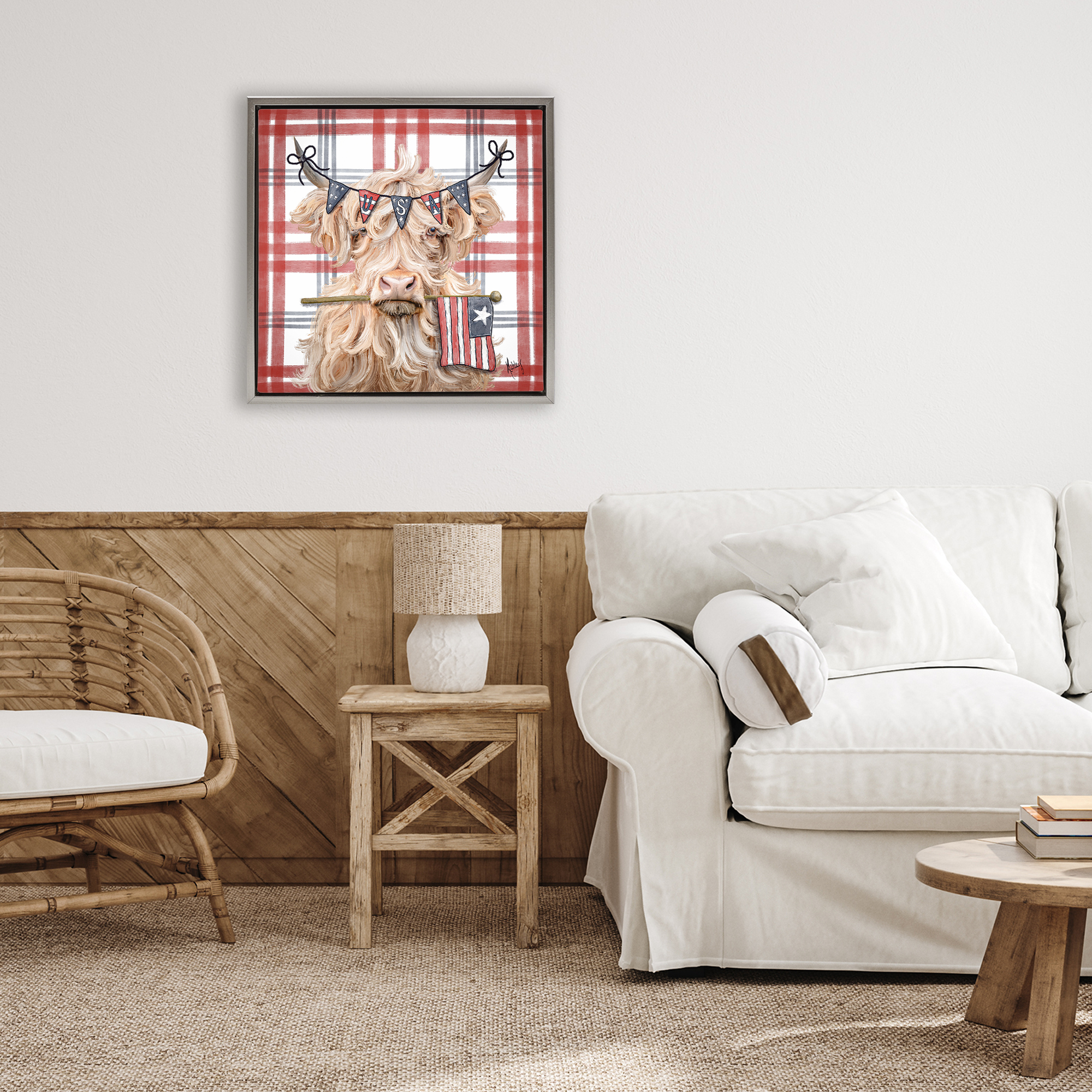 USA Plaid Highland Cattle Gray Framed Floater Canvas Wall Art, design by Ashley Bradley