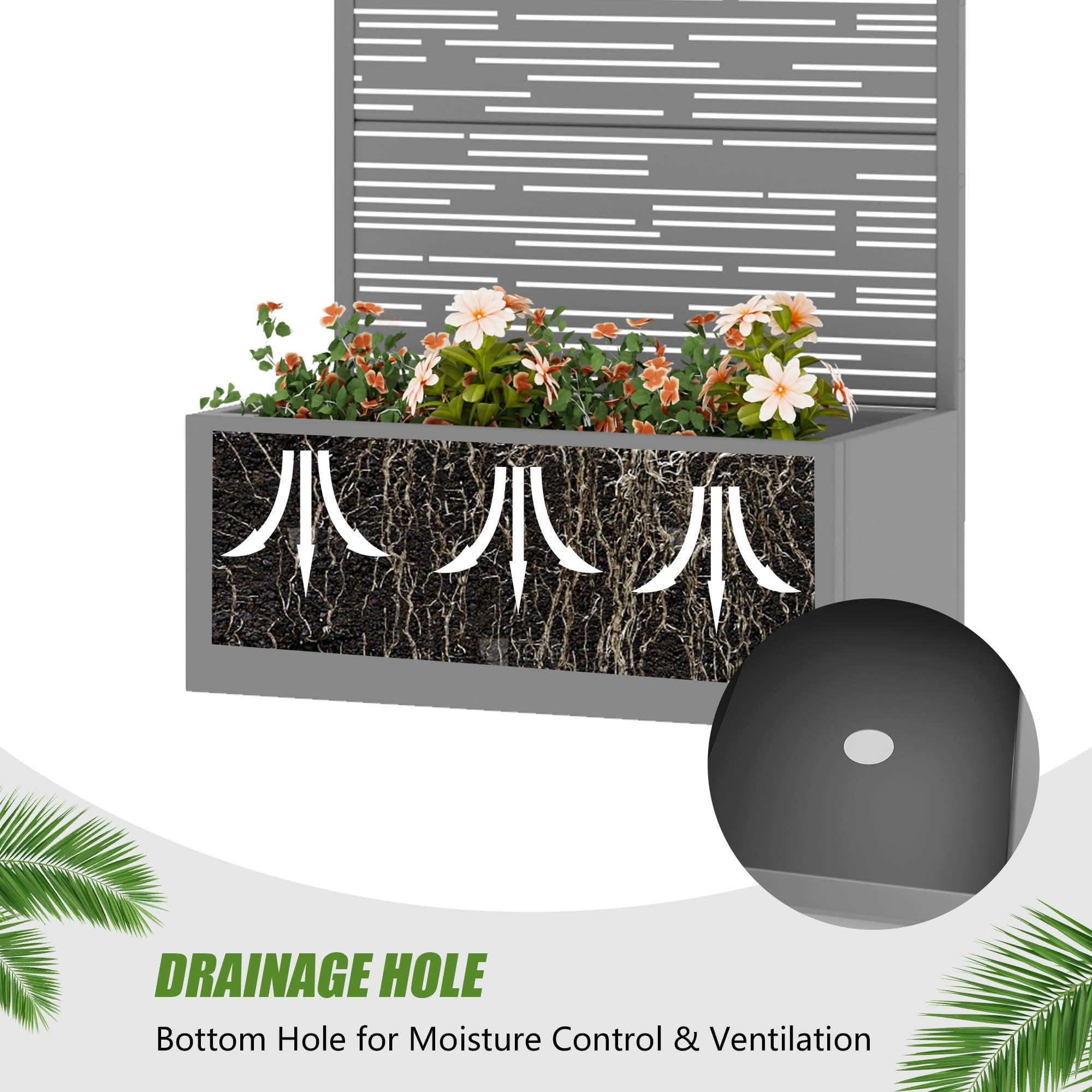 MAYEERTY 59X30" Metal Outdoor Gray Privacy Screen with Planter Box for Backyard & Garden, 4 Piece Set