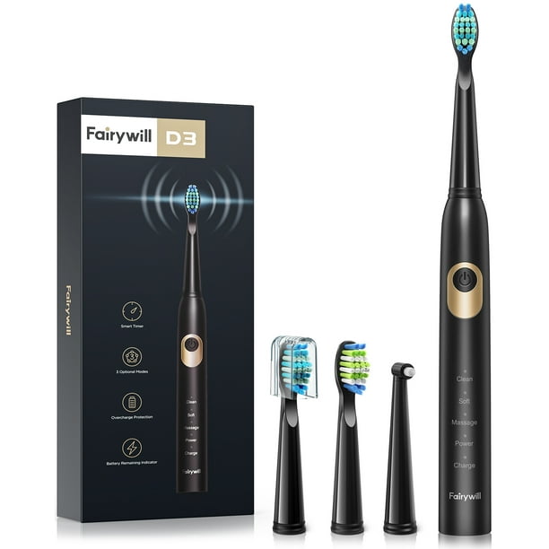 Fairywill Sonic Toothbrush for Adults, 40,000 Vpm Electric Toothbrush, IPX7 Rechargeable Toothbrush with Smart Timer, 3 Modes, 4 Heads, Black