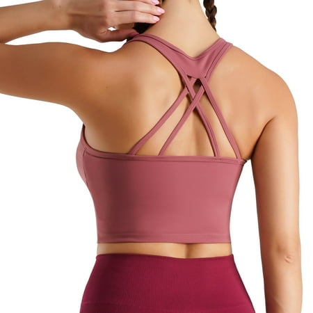 

Junlan Sports Bra for Women Cross Back Long Cord Plus Chest Pad Yoga Short Top Medium Support Wirefree Workout (Red 2XL）