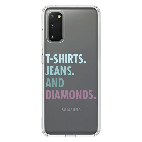 DistinctInk Clear Shockproof Hybrid Case for Galaxy S20 ULTRA / 5G (6.9" Screen) - TPU Bumper Acrylic Back Tempered Glass Screen Protector - T-Shirts Jeans and Diamonds