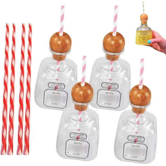 Reusable Cups with Straw, Reusable Liquor Bottle Cups with Straw, Clear Cup with Straw Hole, Mini Empty Tequila Bottles for Drinks, Plastic Bottles for Champagne, Party Favors, Wedding 375ml