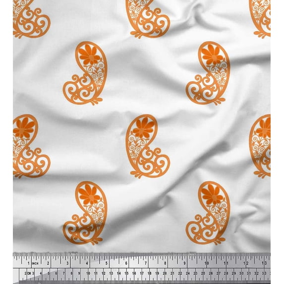 Soimoi Orange Crepe Silk Fabric Floral & Paisley Print Fabric by the Yard 42 Inch Wide