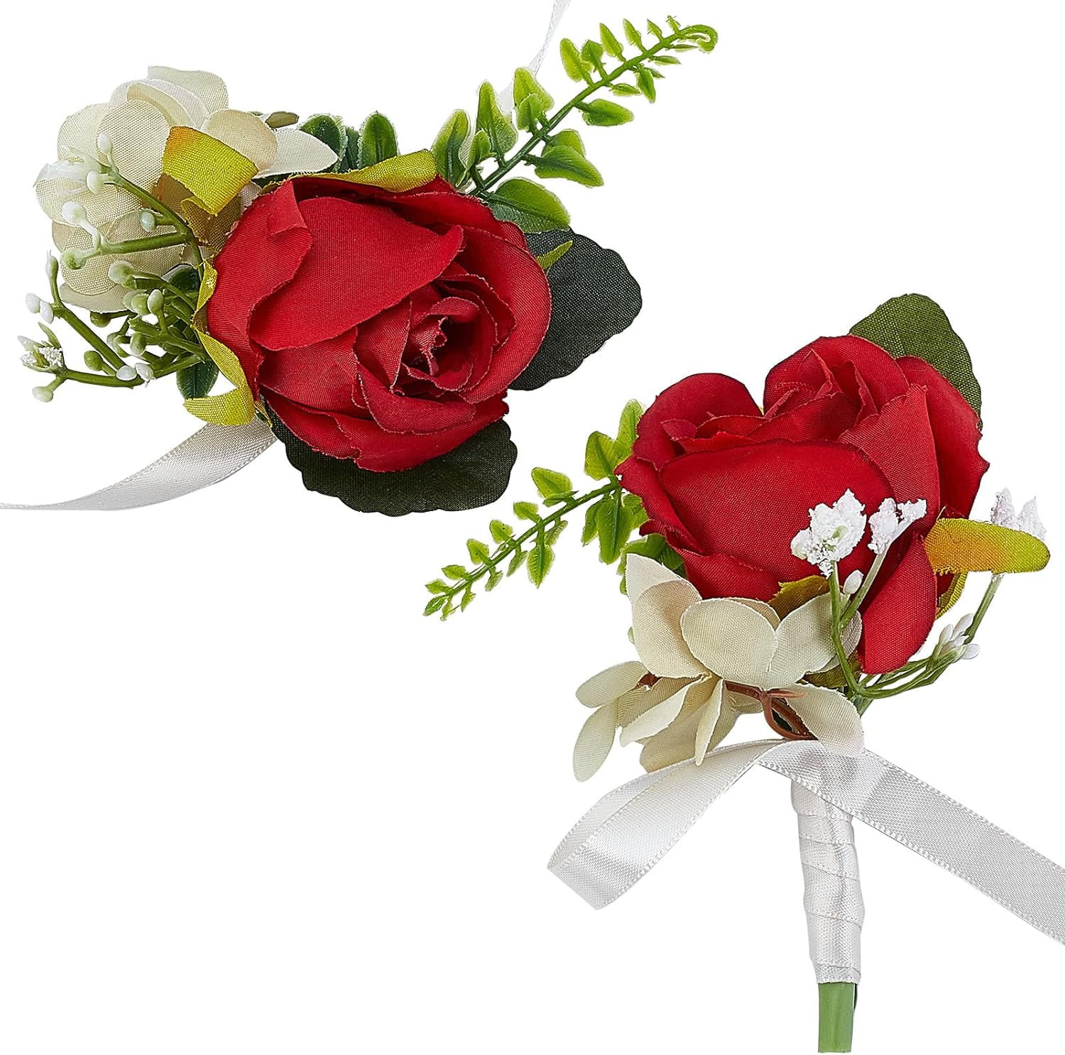 White Rose Wrist Corsage & Boutonniere Set - 2 Pcs Wedding Flower Accessories