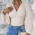 thumbnail image 4 of White Womens Tops Women's Waistline V Neck Sleeve Sleeve Solid Color Ruffled T Long Sleeve Top Shirts for Women, 4 of 6