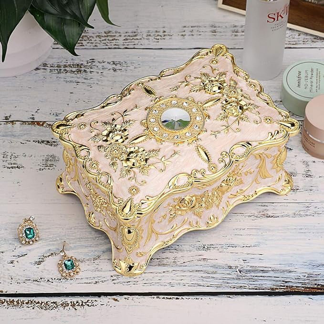Jewelry Organizer, Jewelry Box, Red Zinc Alloy + Rhinestone Vintage Flower Rectangular Jewelry Box with Exquisite Velvet Lined and Partition Design to Keep Jewelry From Dust and Scratches, Red
