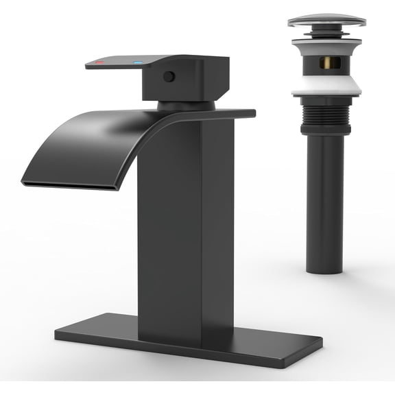 RUACQ Waterfall Bathroom Faucet,Single Handle Bathroom Sink Faucets for 1 or 3 Hole, Stainless Steel Washbasin Mixer Tap with Deck,Pop-up Drain and Supply Hoses (Matte Black)